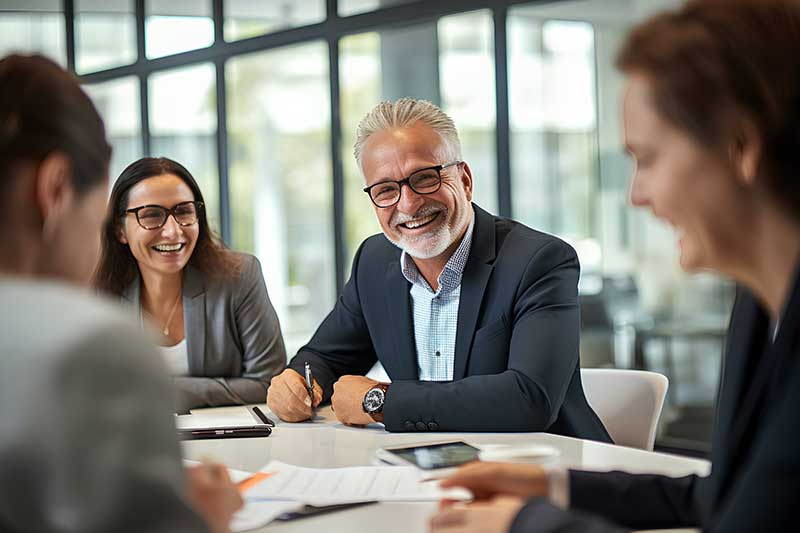 Founder of company in meeting with his staff