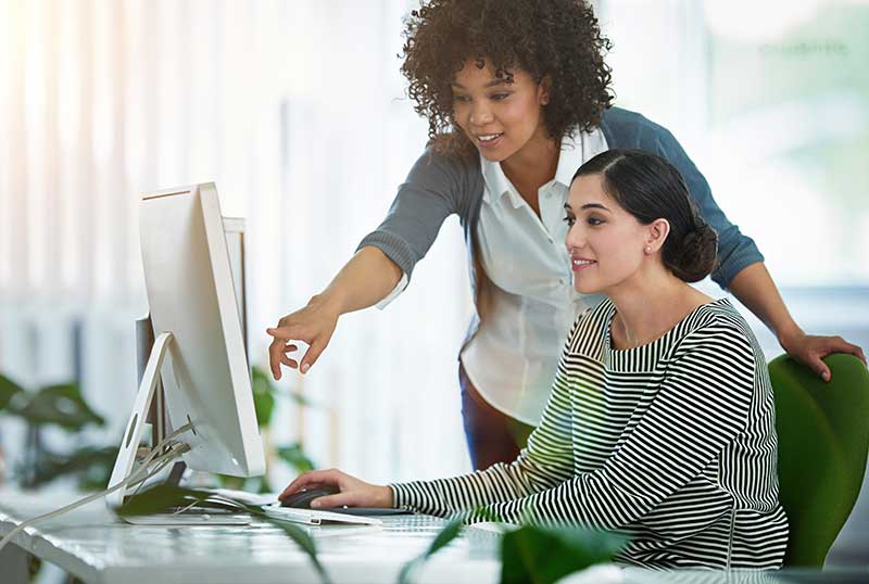 Senior accountant teaching junior accountant about their software