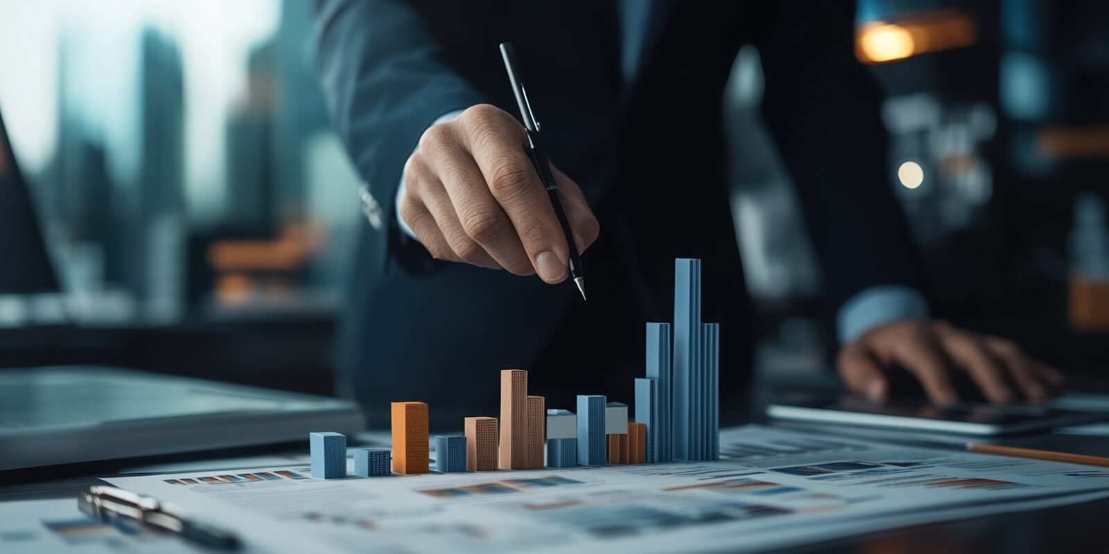 business professional analyzing data charts with bar graphs, symbolizing market trends and financial strategies