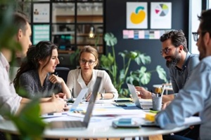 visionary meeting where manufacturers and retailers discuss incentivizing designs for recyclability and compostability in a green office environment