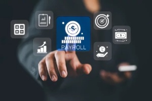 businessman touching virtual Payroll icon for report financial information and do payroll